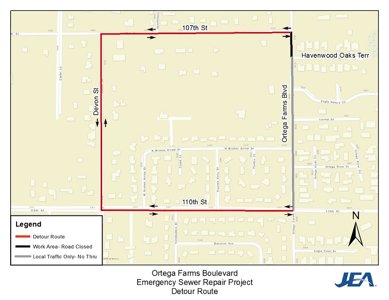 Ortega Farms Boulevard to Havenwood Oaks Terrace Detour Map